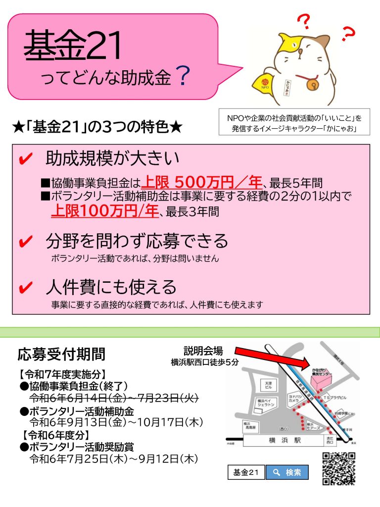 【9月５日開催】基金21ボランタリー活動補助金 事業募集説明会／かながわ県民活動サポートセンター